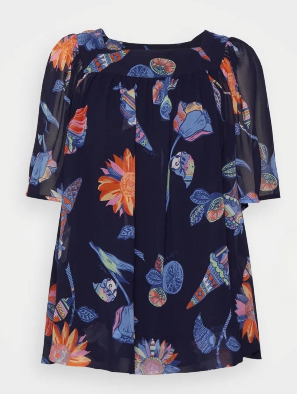 See By Chloé Navy Print Sheer Blouse Women's Large Flutter Sleeves Pleated - Picture 3 of 9